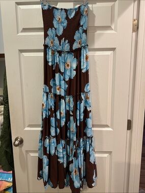 ATL Smocked Strapless Floral Maxi Dress in Brown and Blue